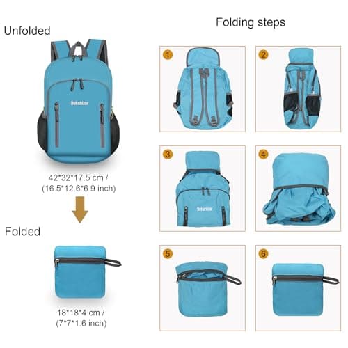Bekahizar 20L Ultra Lightweight Backpack Foldable Hiking Daypack Rucksack Water Resistant Travel Day Bag for Men Women Kids Outdoor Camping Mountaineering Walking Cycling Climbing (Blue) — view 3
