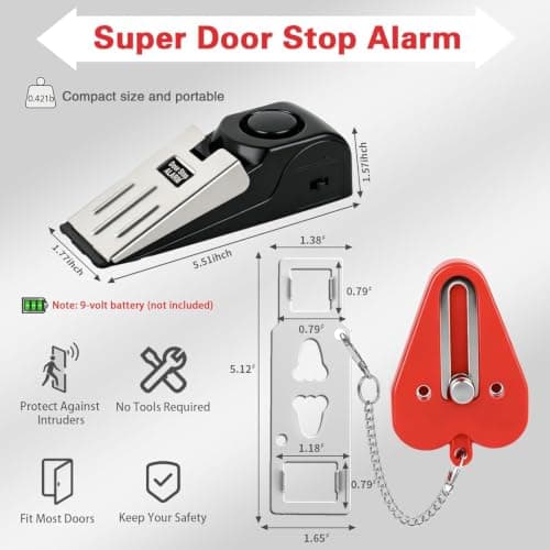 Portable Door Lock & Door Stop Alarm Set, Dual Protection Home Security Door Kit, Travel Hotel Lock Devices Pocket Self Defensey Tools for Traveling Hotel Home Apartment (Red) — view 2