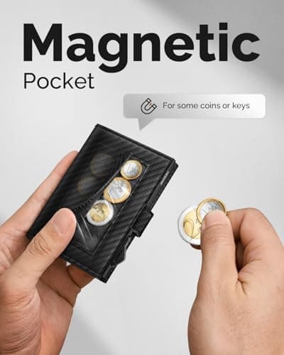 YESIIW Credit Card Holders Wallets for Men RFID Blocking Leather Minimalist Smart Pop Up Trifold Wallet with Magnetic Coin Pocket, Button Closure, Holds Up to 9 Cards, 2 ID Window(Carbon Fiber) — view 5