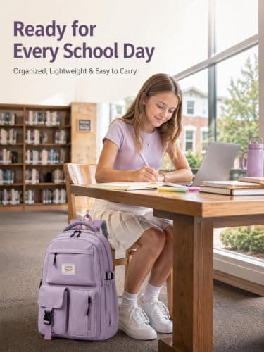 FIORETTO Lightweight School Backpack Womens, Cute School Bag for Teenager Girls, 15.6 Laptop Rucksack Backpack for School Casual Daypacks Travel Backpack for College Work Purple 25L — view 3
