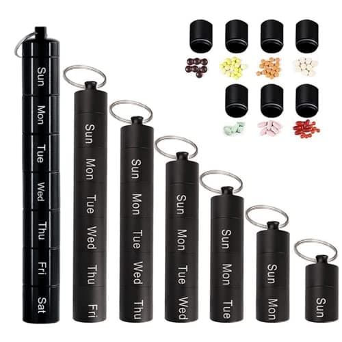 Pill Box 7 Day Metal,Weekly Pill Box Organiser Portable Pill Cases Waterproof Daily Pill Container Holder Metal Pocket Pill Boxes Travel Pill Holder for Men Women (Black) — view 3
