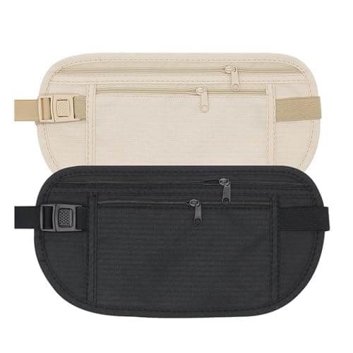 2 Pcs Anti-Theft Money Belt, Nylon Money Belts for Travel Hidden, Waterproof Moneys Pouch Stealth Wallet, Comfortable Adjustable Concealed Moneys Belt, for Cash Cards Passport Phone(Black, Khaki)