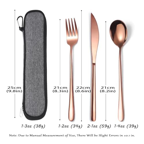 AARAINBOW Stainless Steel Cutlery Set for 1, 3 Pieces Knife Fork Spoon Set with Case. Reusable Flatware Set for Camping, Travel, Work, and Outdoor Activities, Dishwasher Safe (Rose Gold) — view 3