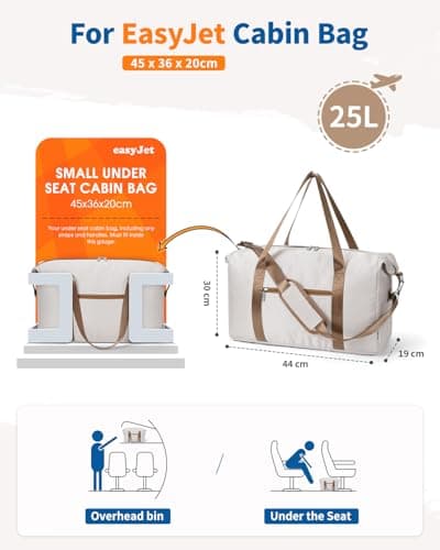Narwey for Easyjet Cabin Bag 45x36x20 New Easyjet Underseat Easy Jet Cabin Bag Foldable Travel Duffel Carry on Luggage Weekend Overnight Hospital Bags for Women and Men 25L (Beige with Brown Straps) — view 2
