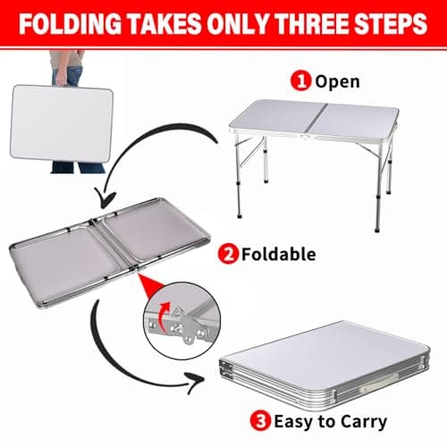 4ft Folding Table, 3 Adjustable Heights Camping Table (55/62/70 cm), Aluminum Trestle Table with Load Capacity of 50kg, Portable Picnic Table with Carrying Handle Perfect for Indoor and Outdoor Use — view 6