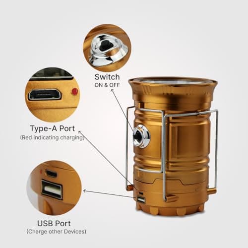 DOMIRA Solar & USB Rechargeable Camping Lantern – LED Camping Light Portable Solar-Powered Lantern Torch for Hiking, Fishing, Power Cuts & Survival Kits (Golden) — view 2