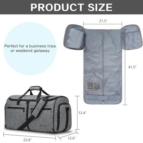 TUGUAN Convertible Garment Duffle Bags for Travel, Carry on Garment Duffel Bag Backpack for Men Women, 3 in 1 Large Suit Travel Bag with Shoe Compartment & Back Straps for Weekend Luggage, Grey — view 6