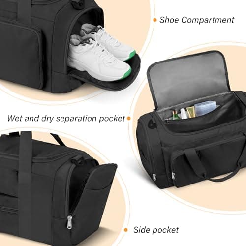 Sports Gym Bag Duffle Bag with Shoes Compartment for Womens Mens, CS COSDDI Weekend Travel Bag Overnight Bag with Wet Pocket, Luggage Bag Hospital Bag Holdall Bags with Shoulder Strap Backpack (Black) — view 3