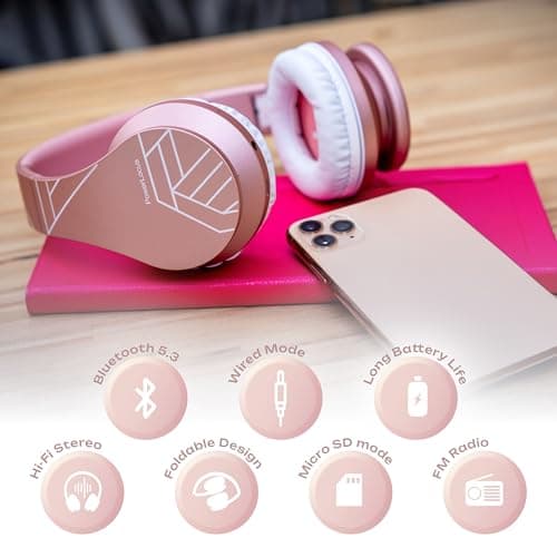 PowerLocus Bluetooth Headphones Over Ear, Bluetooth Headphone Rose Gold, Wireless Headphones Foldable, Hi-Fi Stereo, Soft Memory Foam Earmuffs, Built-in Mic & Wired Mode for iPhone,Android,PC,Laptops — view 6