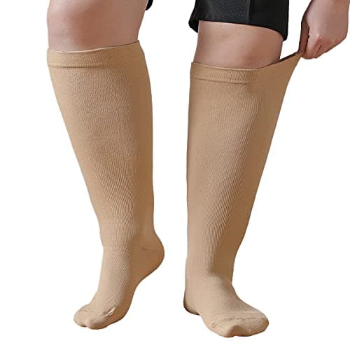 Plus Size Compression Sock For Women: Men Graduated Wide Calf Compression Stockings for Support Flight Travel Running Pregnancy Sports Edema Nurses Seniors Athletic Socks 20-30 mmHg Beige 5XL 1Pairs