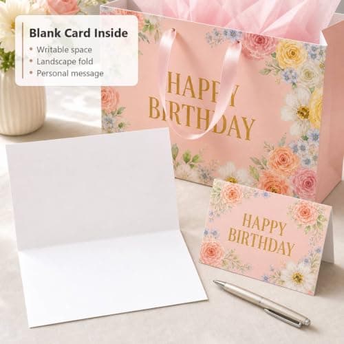 OMBRISA Birthday Gift Bag for Present 2Pcs, Happy Birthday Party Present Bags with 6 Tissue Paper and 2 Greeting Card, Luxury Paper Gift Bags, Pink Wrap Wrapping Bag for Girl Women Gift (30x12x22cm) — view 4