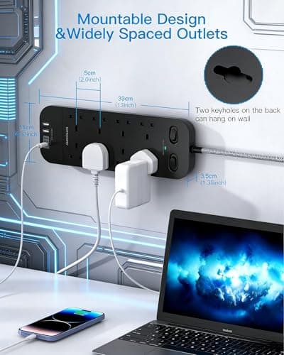 Black Extension Lead, 8 Way Outlets Power Strip with 4 USB Slots (2 USBC) — view 4