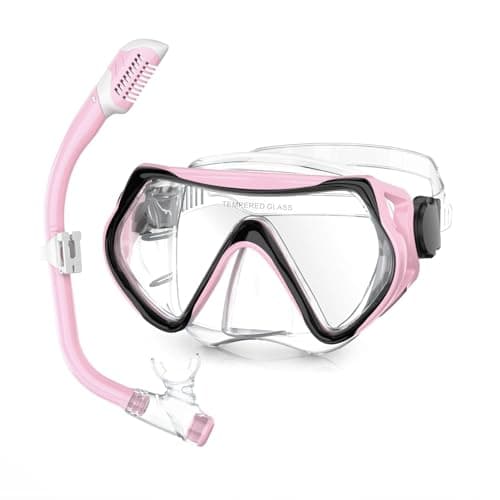 MELUMILU Kids Snorkel Set, Dry Snorkel Set 180° Panoramic Wide View Anti-Fog Scuba Diving Mask, for Kids Youth Boys Girls Junior Age 5-15 (Pink)