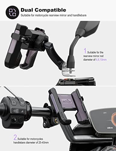 GREFAY Motorcycle Phone Holder Handlebar Mount Motorbike Phone Holder Rearview Mirror【2 Connection Methods+1S Quick Disassembly】 With ​360 Rotate for 4.0-7.0 inch smartphone — view 4