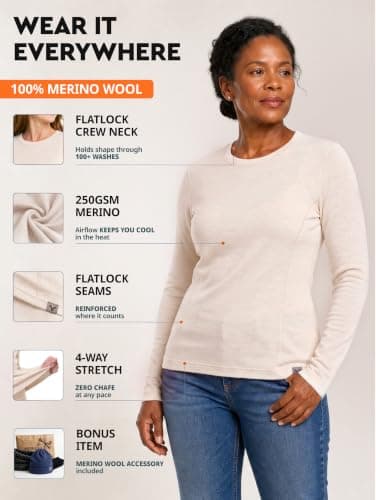 MERINNOVATION 100% Merino Wool Base Layer for Women - Long Sleeve Crew Neck Thermal Top Merino Wool Women's Shirt, Natural White 250, M — view 5