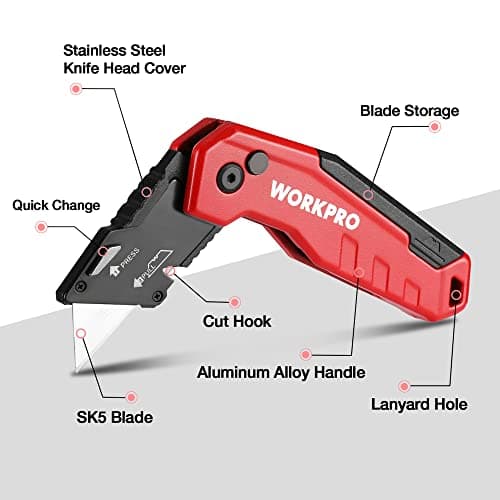 WORKPRO Folding Utility Knife, Aluminium Box Cutter, Red — view 2
