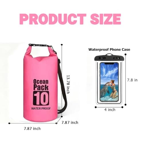 Waterproof Dry Bag 10L with Phone Pouch, Roll Top for Kayak & Beach (Pink) — view 2