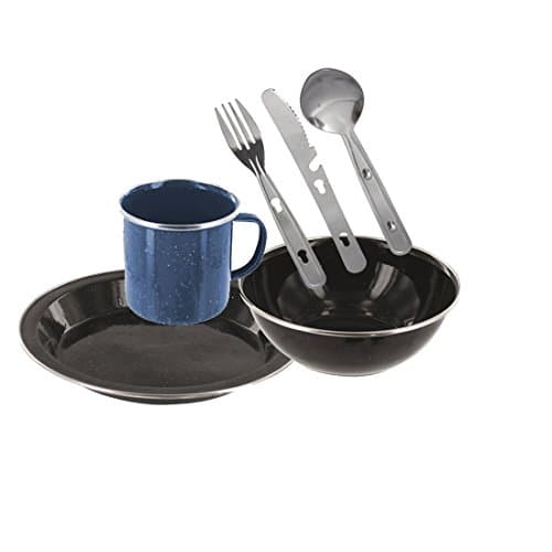 Enamel Camping Eating Set - Includes Knife, Fork, Spoon Set, Plate, Mug & Bowl (Navy)