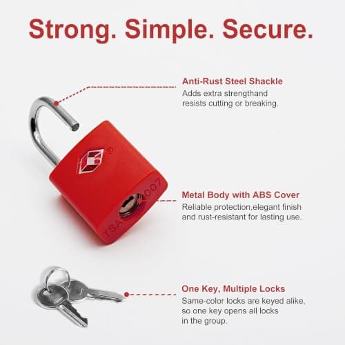 UP Security TSA Luggage Locks with Keys, 4 Pack Travel Padlocks TSA Approved, Small Keyed Alike Mini Padlocks for Suitcase, Backpack, Handbag, Bag, Zipper, Toolbox and Travel Gear (Red) — view 3