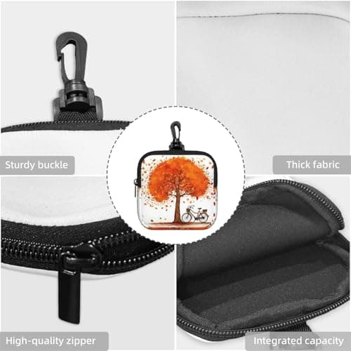 Mini Pouch with Carabiner, Neoprene Travel Makeup Bag with Zipper Tool Storage Pouch Autumn Tree with Aged Old Bike Coin Purse Portable Earbud Case Waterproof Card Holder Wallet for Women Men — view 5