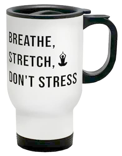 Shopagift Funny Yoga Travel Mug Breathe Stretch Don't Stress Stainless Steel 14oz Cup