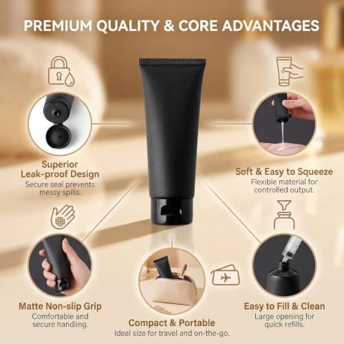 Upstore 6Pcs 150ml 5oz Black Plastic Travel Bottles Refillable Squeeze Soft Tubes with Flip Top Cap for Shampoo Lotion Toiletries Makeup Cosmetic Storage — view 3