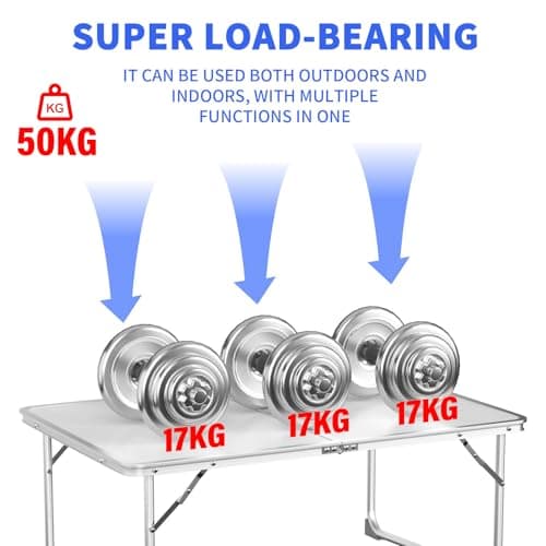 4ft Folding Table, 3 Adjustable Heights Camping Table (55/62/70 cm), Aluminum Trestle Table with Load Capacity of 50kg, Portable Picnic Table with Carrying Handle Perfect for Indoor and Outdoor Use — view 3