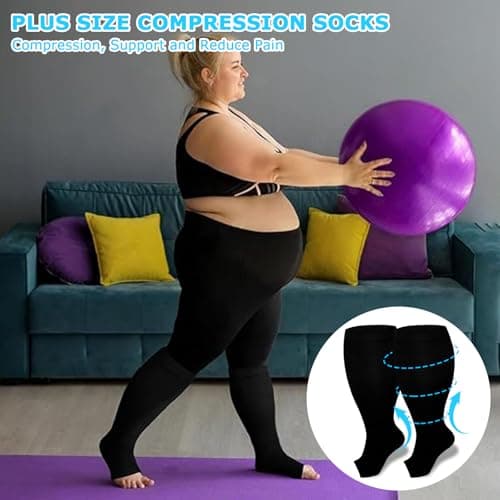 UZSUZZ Plus Size Compression Socks for Women Men, 2 Pairs 15-20 mmHg Graduated Compression Support Stockings, Wide Calf Open Toe Knee High Stockings for Running Flying Pregnancy Nurse Travel Edema — view 4