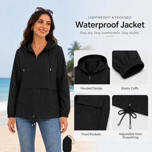 NWDEY Women's Lightweight Waterproof Jacket Ladies Packable Raincoat Hooded Windproof Rain Jacket Coat for Outdoor Travel (UK, Alpha, L, Regular, Regular, Black) — view 3