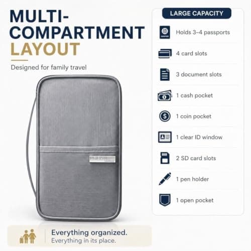 Mnixy Grey RFID Passport Holder Travel Wallet with Zipper, 4 Passport Slots — view 4