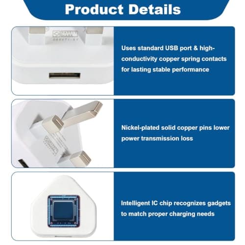 4 Pack 5V 1A USB Plug UK, USB Wall Charger Phone Plugs 3 Pin Mains Adaptor — view 4