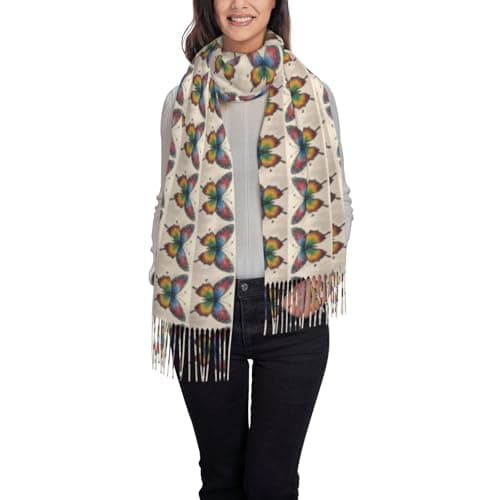 Rainbow Butterfly Print Elegant Fringe Scarf Shawl Wrap For Women Winter Fall Spring Travel Accessory Gift