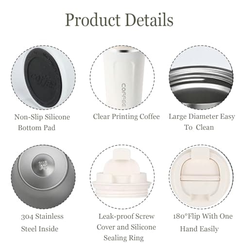 Shunshi Travel Mugs, Insulated Coffee Cup with Leakproof Lid - Reusable Coffee Cups Travel - Car Coffee Cup,Insulated Travel Mug - Keeps Your Drinks Hot or Cold(White/510ML) — view 4