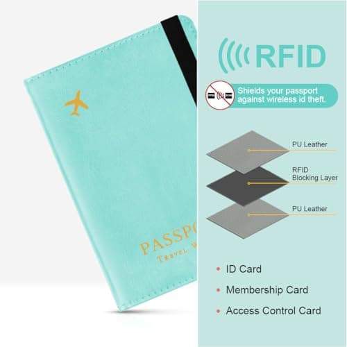 AOOSU Airtag Wallet Passport Holder Cover, PU Leather Passport Cover with RFID Blocking Travel Wallet, Portable Universal Travel Wallets Case Organiser for Money, Boarding Passes, Cards Light Blue — view 5