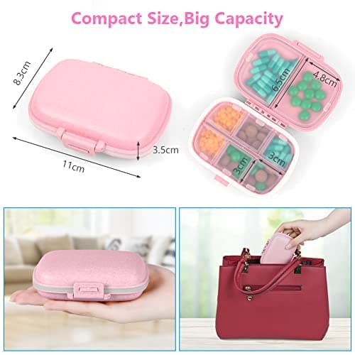 ACWOO Pill Box Organiser, 1Pcs Portable Medicine Storage Box with 8 Compartments, Pill Case Pill Dispenser to Hold Vitamins, Cod Liver Oil, Supplements and Medication for Travel & Work (Pink) — view 2