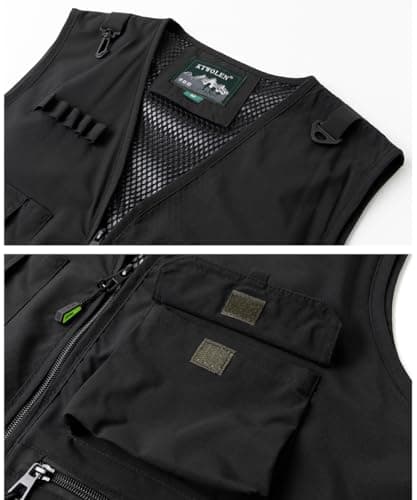 KTWOLEN Men's Utility Multi-Pocket Vest Lightweight Mesh Lined Outdoor Fishing Hiking Safari Sleeveless Jackets, Black, L — view 5