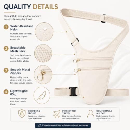 Money Belts for Travel Hidden, Unisex Money Bags, Travel Pouch for Passport and Money, Double Strap Waterproof, Holds Passports, Cash and Credit Cards, Ideal for Running, Travel and Daily Use, White — view 3