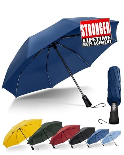 Chakipee Compact Travel Umbrella Windproof Strong- Automatic Folding Umbrellas for Wind and Rain, Portable 210T Fabric 106cm Span - 8 Ribs Portable Umbrella for Men and Women Blue