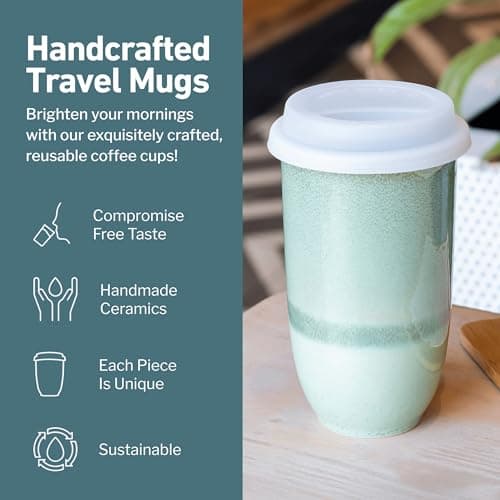 NOVA CERAMICS Travel Mug On The Go Coffee Tumbler Microwave & Dishwasher Safe Green Tumbler - Gifts for Women Men Him Her 475ml Emerald — view 2