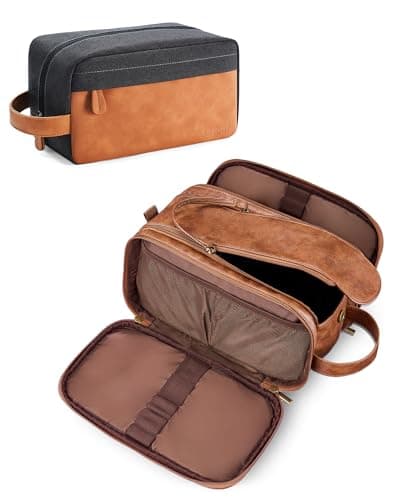 Elviros Travel Toiletry Bag Gift for Men，Mens Toiletries Bag Gifts Set Shaving Dopp Kit Water-Resistant Bathroom Toiletries Organizer PU Leather Cosmetic Bags 2 Piece Brown