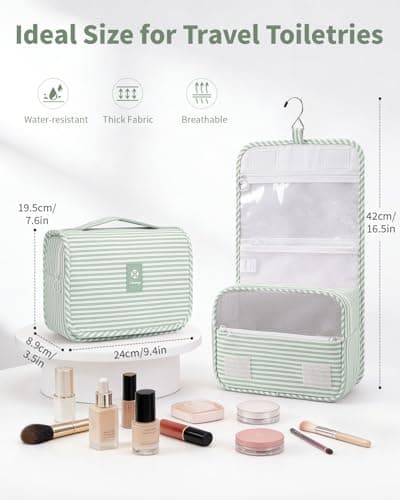 Narwey Hanging Toiletry Bag, Toiletry Bags for Women, Travel Toiletry Wash Bag Women, Toiletries Bag Washbag Makeup Bag Cosmetic Make up Organizer for Essentials (Mint Green Stripe) — view 4