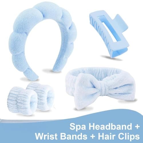 5 Pcs Spa Headbands for women and girls face washing, makeup, facial skin care, fluffy sponge SPA hairband bow hairband hairpin wristband set.(Sky blue) — view 2