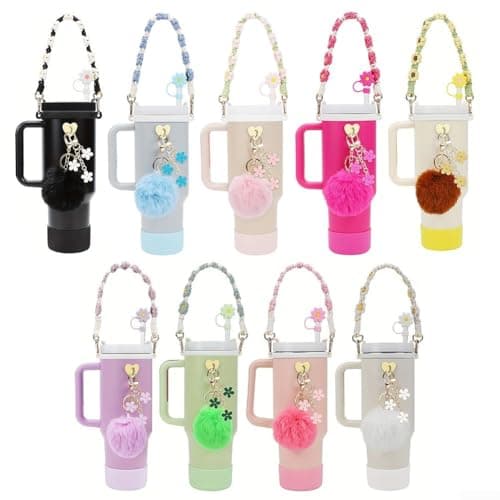 Silicone Cup Chain Accessories 7PCS for 30oz and 40oz Hydration Bottles with Hand Strap and Wool Ball Pendant for Secure Handling (green) — view 6