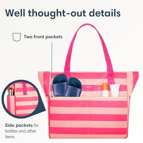 LARKSON Beach Bag Women & Men Pink - Linn - Large Tote Bag With Compartments For Beach, Pool, Holiday - With Zipper - Lightweight — view 3