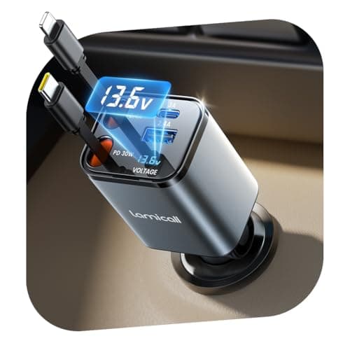 Lamicall 4 IN 1 Retractable Car Charger Adapter - [50% Smaller] [Voltage Display] 69W Cigarette Lighter USB Charger, Car Phone Charge with 2 Retractable Cable + USB-C & USB-A, 12V/24V Socket for Phone