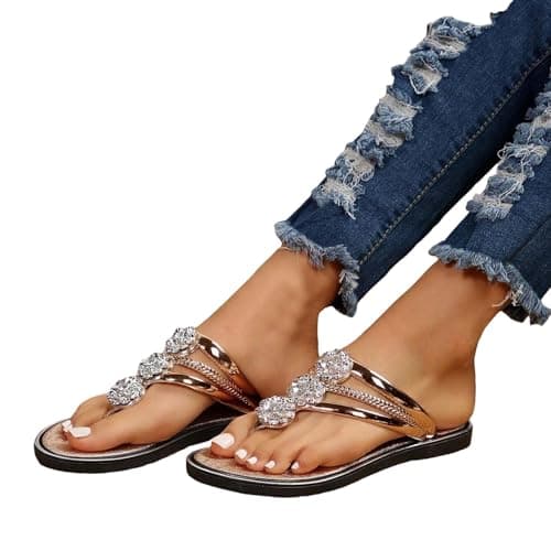 BFYSFBAIG Women's Sparkly Flip Flops with Diamante, Glitter Sandals for Women, Flat Thong Slide Mules for Summer Beach Pool Travel (Gold, Adult, Women, 6, Numeric, UK Footwear Size System, Medium) — view 2