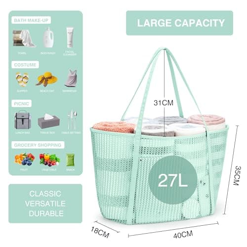KALIDI FANCY FOREST Foldable Mesh Beach Bag with Zip, 27L Large Mesh Tote Bags for Women Ladies Summer Beach Tote Bag for Holiday Travel,Mint Green — view 3