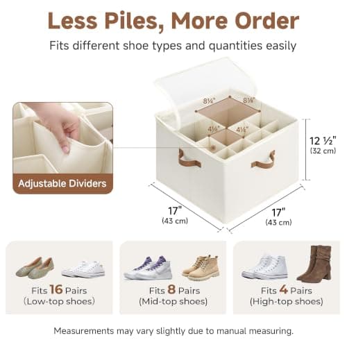 StorageWorks Shoe Organiser for Closet, Fits up to 16 Pairs, Fabric Shoe Organiser Box, Shoe Storage Organiser with Adjustable Dividers and Clear Cover, Wardrobe Shoe Storage Containers, Beige — view 3