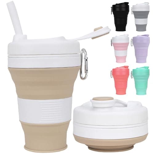MORAINJAY Collapsible Coffee Cup with Lids,20oz/600ml Khaki Silicone Portable Reusable Coffee Mug,Foldable Camping Travel Cup Fits in Your Pocket(Collapses to 7cm)