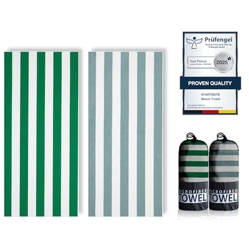 Microfibre Beach Towels for Adults - 200x90cm 2 Pack Extra Large Beach Towels in Gift Boxed, 250 GSM, Sand Free, Lightweight & Quick Dry Beach Towel for Swim, Travel (Dark green and blue stripes)